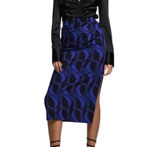 NWT Zara Midi Skirt Sz L Blue and Black color geometric print
